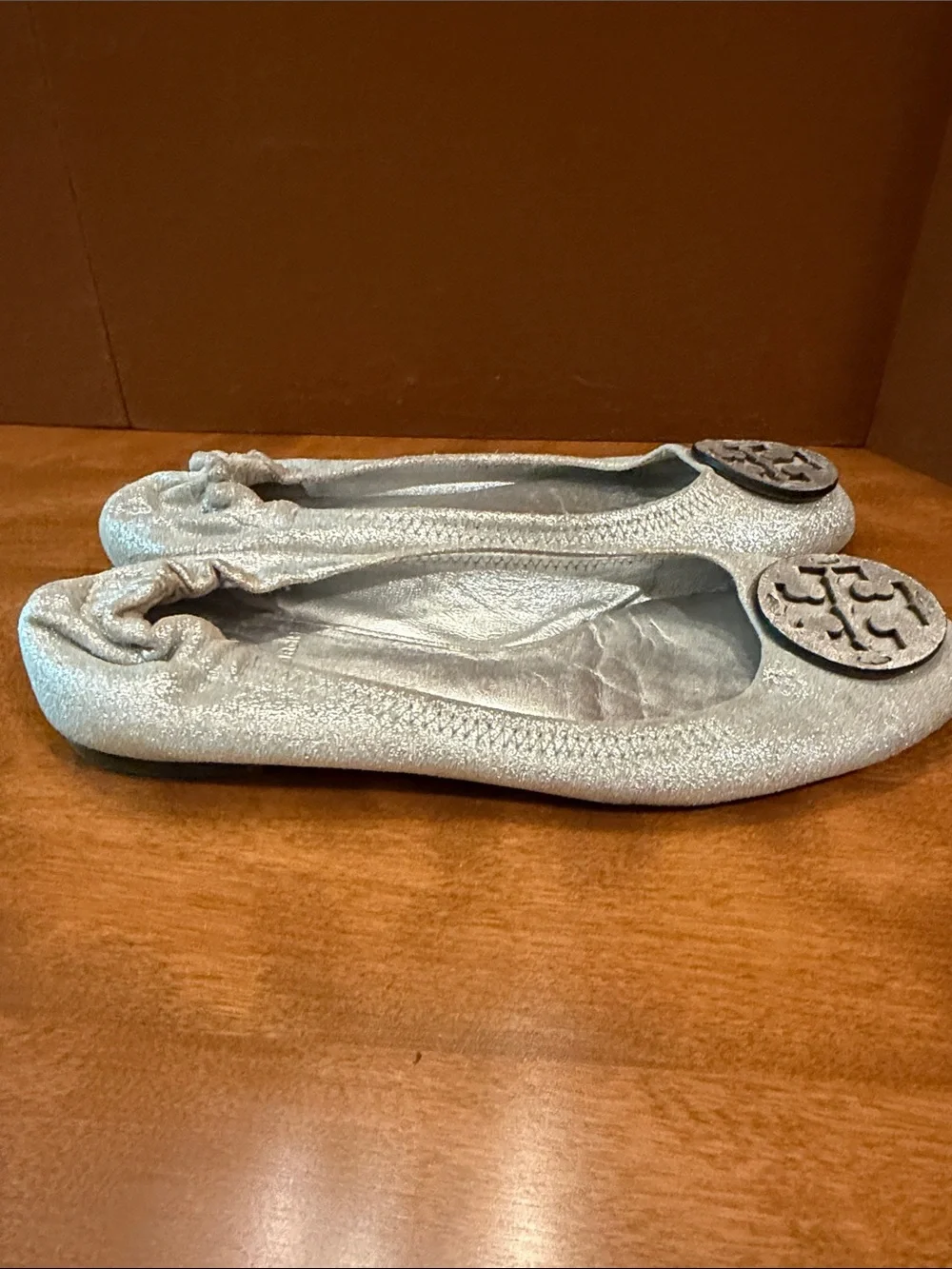 Tory Burch Silver Metallic Glitter Logo Ballet Flats